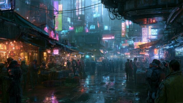 A gritty cyberpunk wallpaper portraying a bustling street market at night, illuminated by diverse neon lights and reflections on wet ground