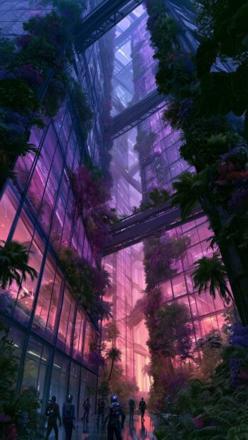 An impressive cyberpunk wallpaper depicting a towering vertical garden city with lush greenery and vibrant pink-purple lighting