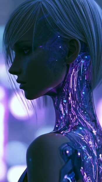 A striking Cyberpunk Wallpaper featuring a woman in profile with short white hair and glowing purple cybernetic implants on her neck