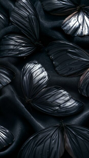 Dark aesthetic wallpaper featuring multiple black butterfly wings lying on a dark, silky fabric background