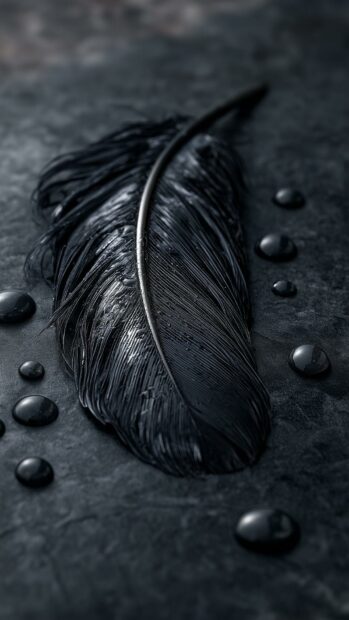 Dark aesthetic wallpaper displaying a black feather with water droplets on a textured dark surface