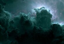 A dark aesthetic wallpaper depicting a mysterious black hole surrounded by swirling dark green and purple cosmic nebula clouds in deep space
