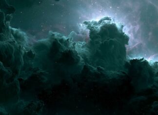 A dark aesthetic wallpaper depicting a mysterious black hole surrounded by swirling dark green and purple cosmic nebula clouds in deep space