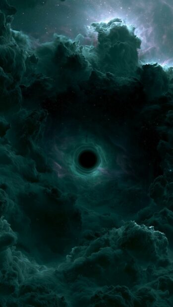 A dark aesthetic wallpaper depicting a mysterious black hole surrounded by swirling dark green and purple cosmic nebula clouds in deep space