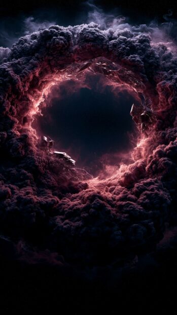 Dark aesthetic wallpaper depicting a swirling cosmic portal surrounded by dark red and purple nebula clouds