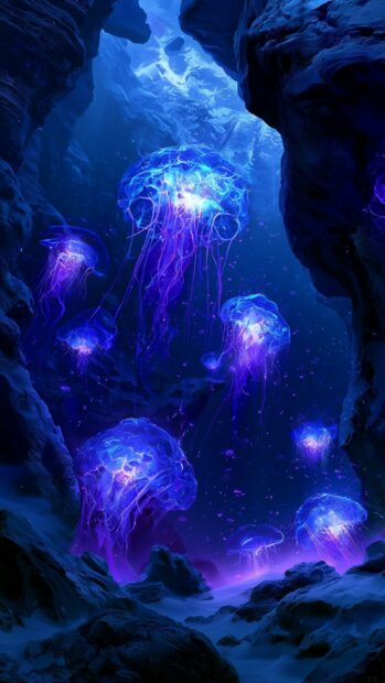 Dark aesthetic wallpaper featuring multiple glowing blue jellyfish in a mysterious underwater cave