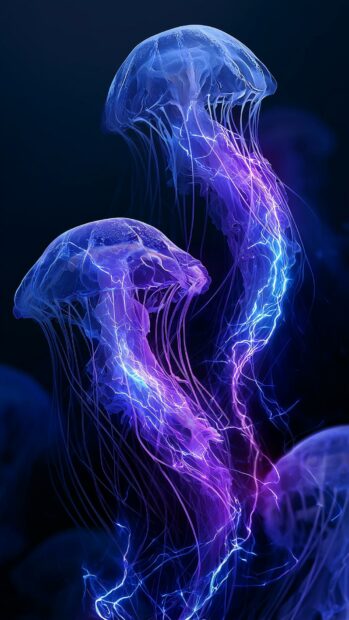 Dark aesthetic wallpaper showing two glowing purple and blue jellyfish with electric tendrils underwater