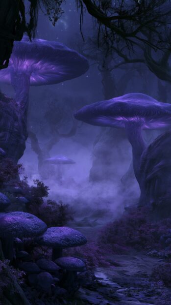 Dark aesthetic wallpaper featuring a mystical forest with large glowing purple mushrooms