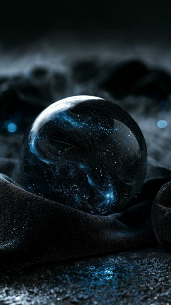 A dark aesthetic wallpaper featuring a glowing blue particle sphere resting on a textured black fabric, with subtle light reflections