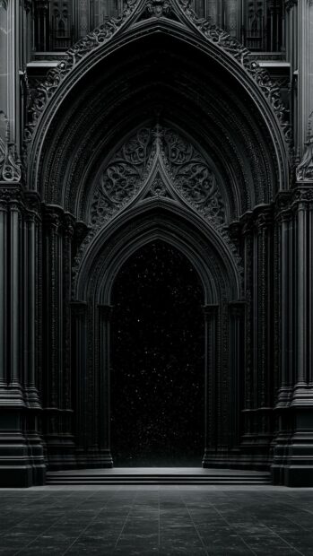 Dark aesthetic wallpaper showing an intricate gothic archway leading into a mysterious starry void