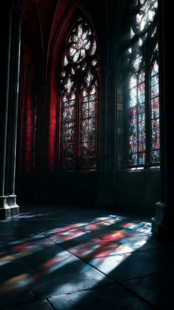 Dark aesthetic wallpaper featuring a gothic cathedral interior with stained glass windows casting colorful light