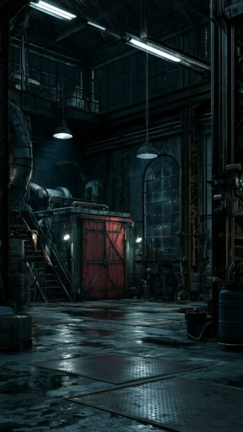 Dark Aesthetic Wallpaper featuring a gritty industrial interior with a red door and reflective wet floor