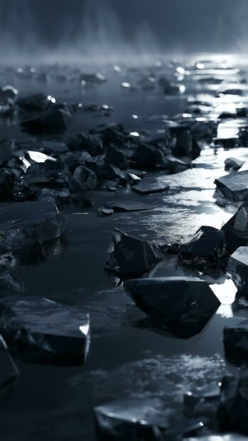 Dark aesthetic wallpaper showing jagged dark rocks scattered across a reflective, misty landscape under a dim light