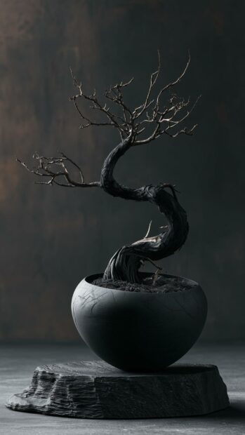 Dark Aesthetic Wallpaper showcasing a minimalist black bonsai tree in a dark round pot on a stone base