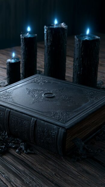 Dark aesthetic wallpaper featuring an old ornate black book on a wooden table with four lit black candles in the background