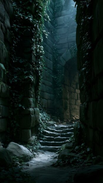 A dark aesthetic wallpaper showing an overgrown stone pathway and stairs leading upwards in an ancient, dimly lit ruin