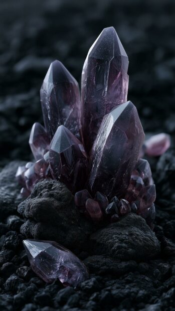 Dark aesthetic wallpaper featuring a cluster of glowing purple crystals on a dark, rocky terrain