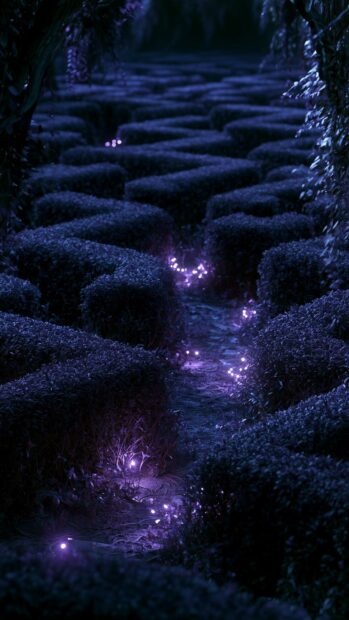 A dark aesthetic wallpaper depicting a mysterious purple glowing path winding through a dense, dark hedge maze at night
