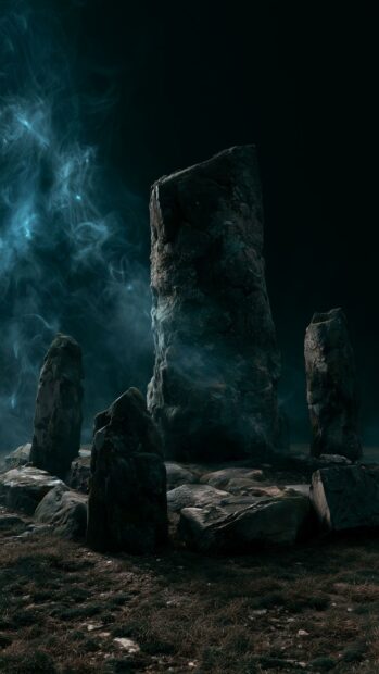 Dark aesthetic wallpaper depicting ancient standing stones shrouded in mysterious blue-green mist against a dark sky