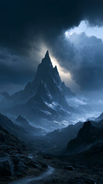 Dark Aesthetic Wallpaper depicting a dramatic stormy mountain landscape with lightning and misty valleys