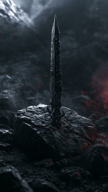 Dark aesthetic wallpaper featuring a sharp black sword stuck in a rugged rock with glowing embers
