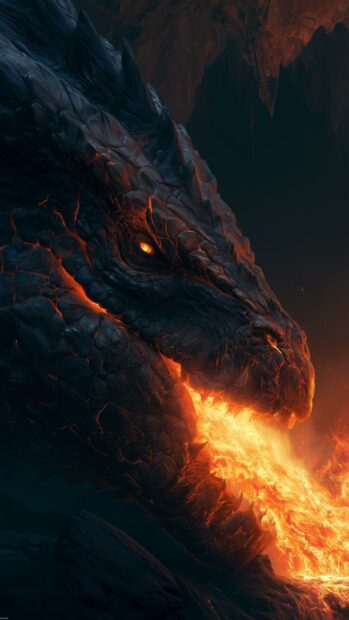 Close-up dark fire breathing dragon wallpaper with glowing lava scales and intense orange eyes