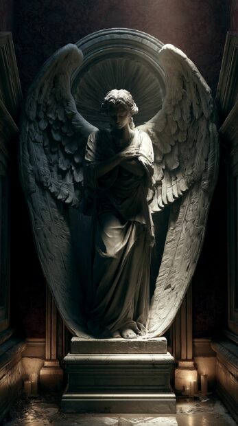 Dark wallpaper depicting a solemn angel statue with large wings in a gothic, dimly lit setting