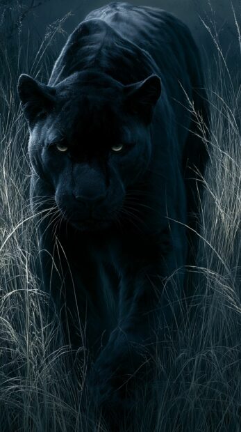 Dark wallpaper featuring a majestic black panther with glowing eyes emerging from tall grass