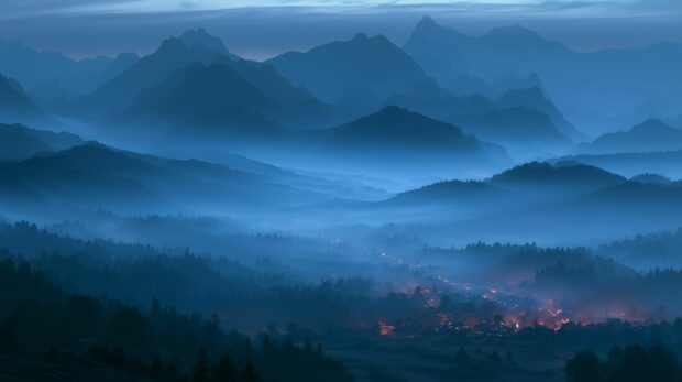 Dark wallpaper showcasing blue misty mountains at dusk with a small village glowing in the valley below