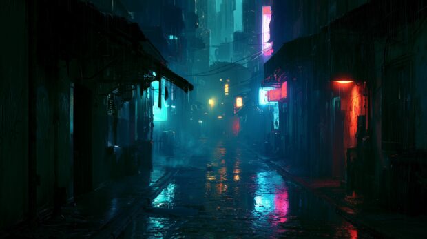 Dark Wallpaper depicting a rainy cyberpunk alleyway illuminated by vibrant neon lights