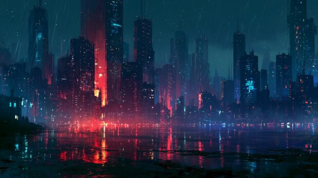 Dark Wallpaper showcasing a futuristic cyberpunk city skyline at night with neon reflections on water