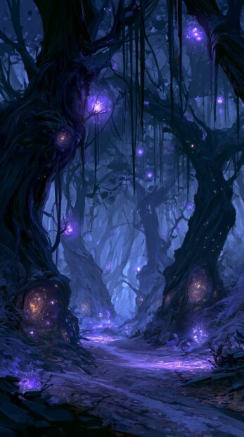 Dark Wallpaper showing an enchanted forest with twisted trees and glowing purple orbs
