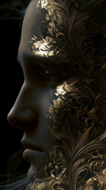 Dark wallpaper featuring a profile of a face adorned with intricate gold filigree patterns