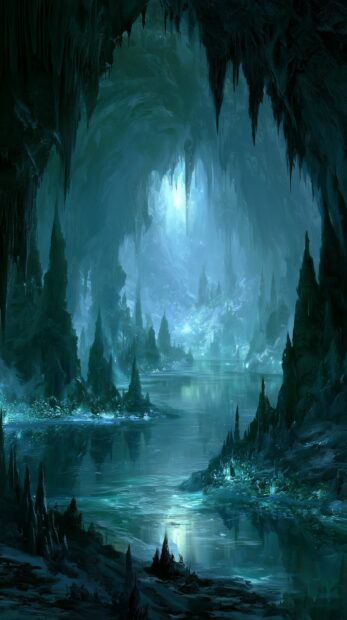 Dark wallpaper showcasing a mystical fantasy cave with glowing blue water and intricate rock formations