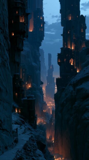 Dark wallpaper featuring a fantasy city built into a narrow canyon with glowing windows at dusk