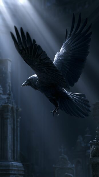 Dark wallpaper showing a majestic raven flying over ancient, mysterious ruins with dramatic light rays
