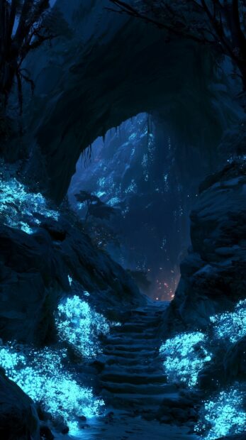 Dark wallpaper depicting a mysterious cave path with glowing blue bioluminescent plants and deep shadows