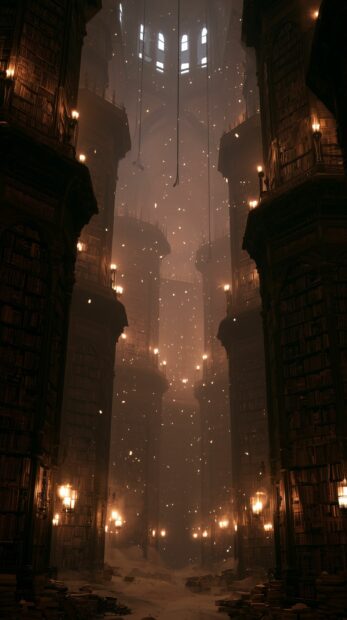 Dark wallpaper showcasing a grand, mysterious library interior with towering bookshelves, glowing lights, and a dusty, atmospheric haze