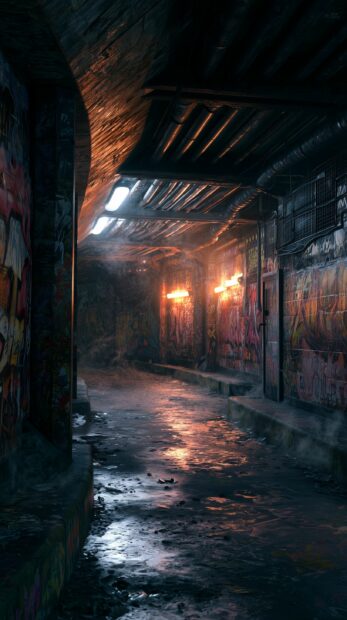 Dark wallpaper of a grunge alleyway with colorful graffiti and wet, reflective ground