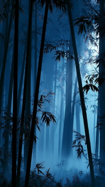 Dark wallpaper featuring a misty blue bamboo forest with tall, slender stalks