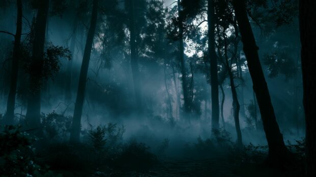 Dark wallpaper depicting a dense, misty forest with tall, dark trees and an eerie, atmospheric fog