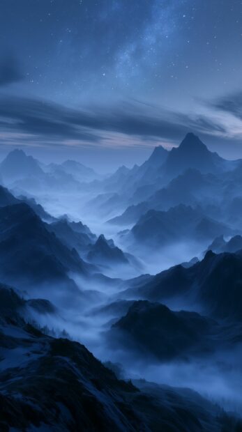 Dark wallpaper depicting a serene misty mountain landscape under a starry night sky