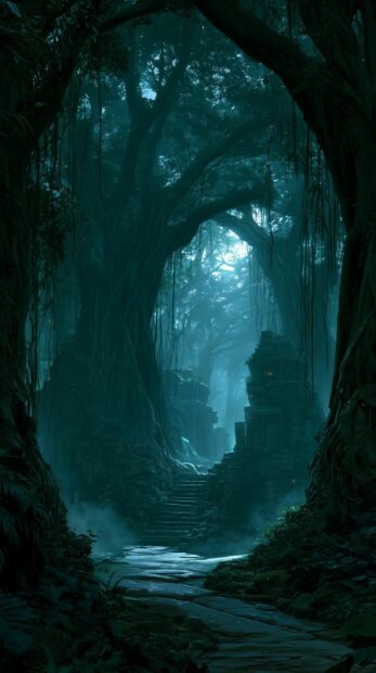 Dark wallpaper featuring a mysterious jungle path leading to ancient ruins, shrouded in mist with moonlight filtering through lush, dark trees