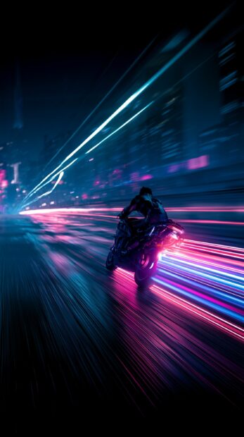 Dark wallpaper featuring a futuristic motorcycle speeding through a city with vibrant neon light trails