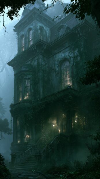 Dark wallpaper featuring an old, overgrown haunted mansion with glowing windows, covered in vines and surrounded by mist