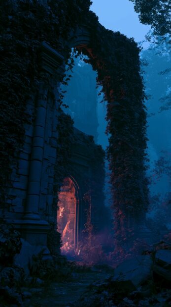 Dark wallpaper showing ancient overgrown ruins with a mysterious glowing archway at night