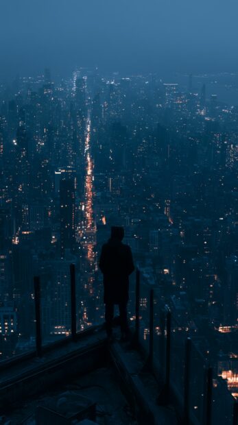 Dark wallpaper showing a person standing on a rooftop overlooking a vast, dark city at night with countless glowing lights