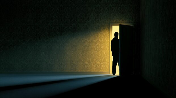 Dark wallpaper featuring a silhouette of a person standing in a bright, glowing doorway with long shadows