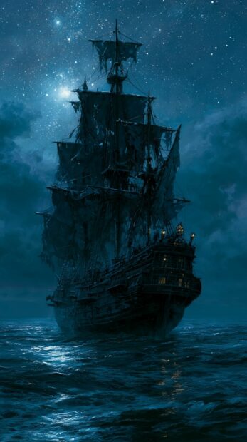 Dark wallpaper showing a ghostly pirate ship sailing on a stormy sea under a dramatic starry night sky