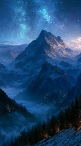Dark wallpaper depicting majestic snowy mountains under a vibrant starry night sky